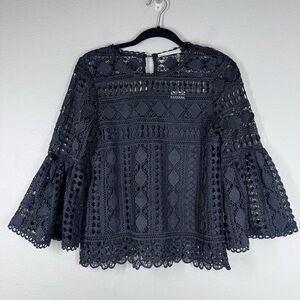 NWT Ellison Black Crochet Lace Blouse Bell Sleeve Breezy Boho Top Lined Small